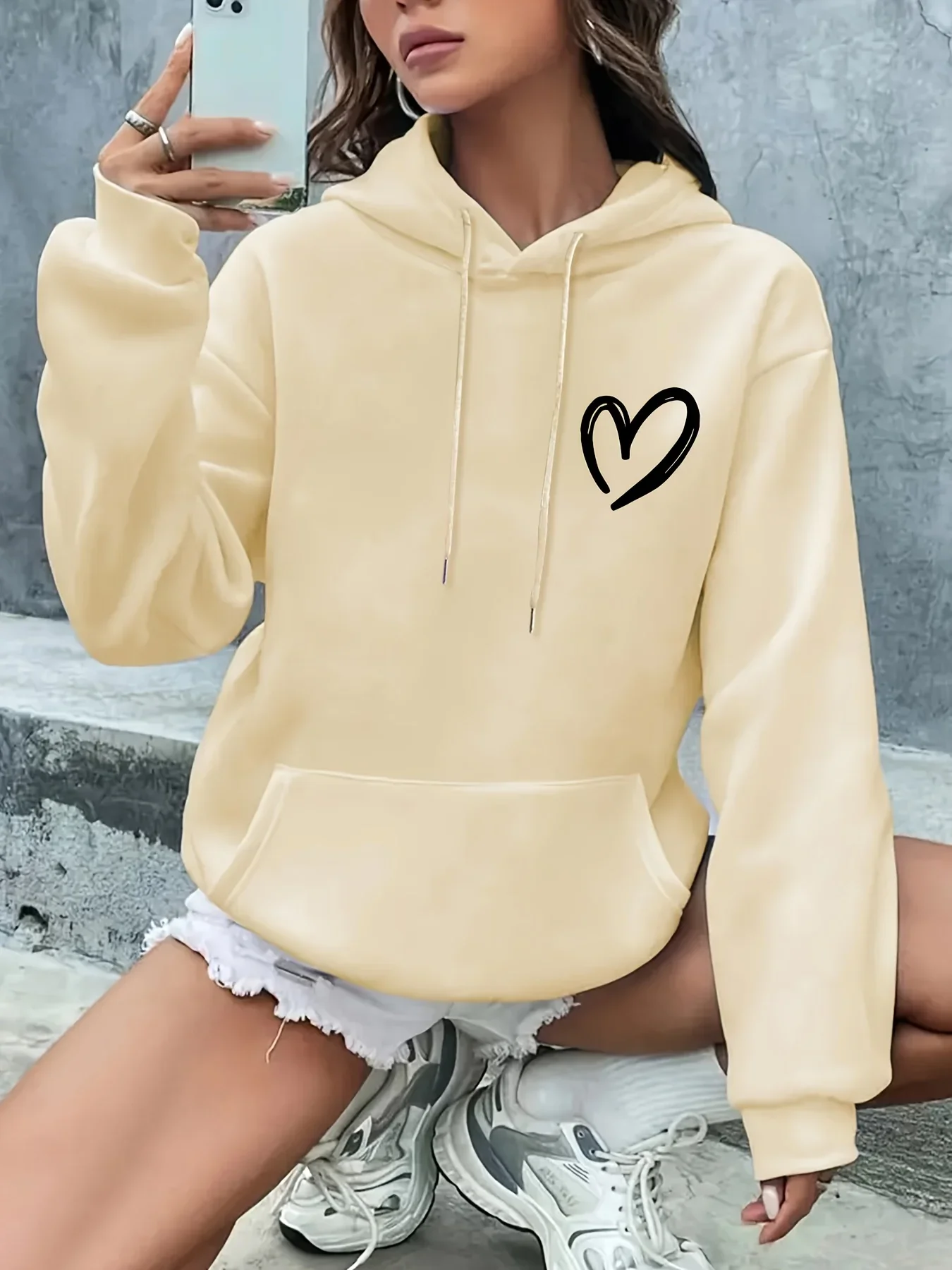 Women Tiny Line Heart Print Drawstring Hoodie Casual Sport Sweatshirt With Kangaroo Pocket
