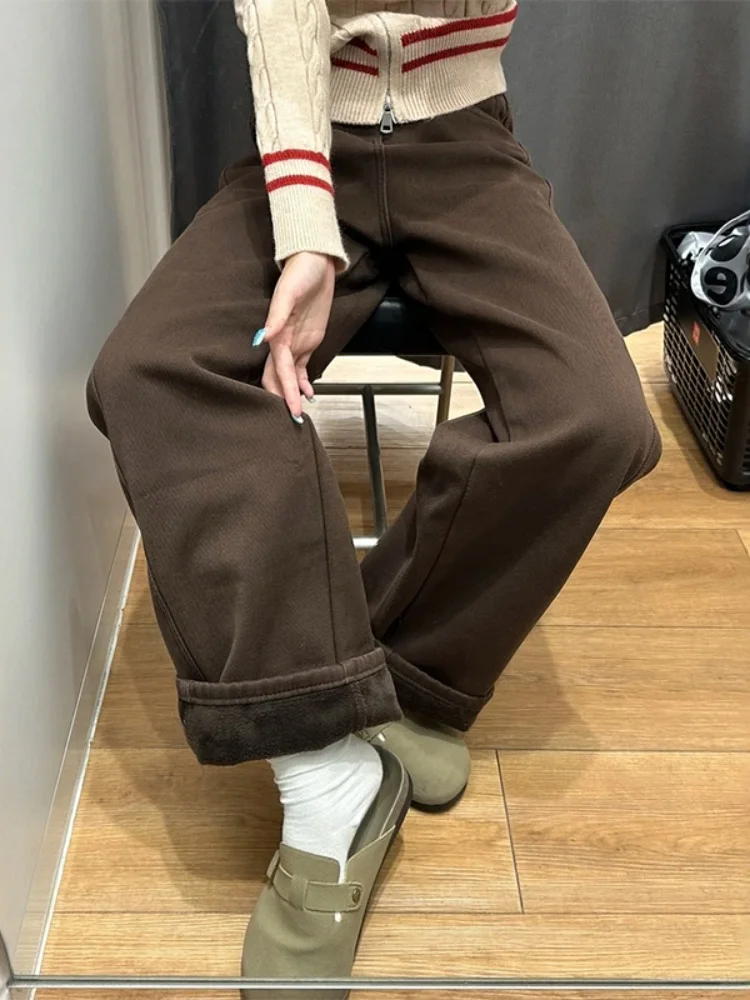 

Джинсы с высокой талией и широкими штанинами на подкладке, женские джинсы кофейного цвета с изогнутыми лезвиями, утягивающие прямые брюки, повседневная одежда