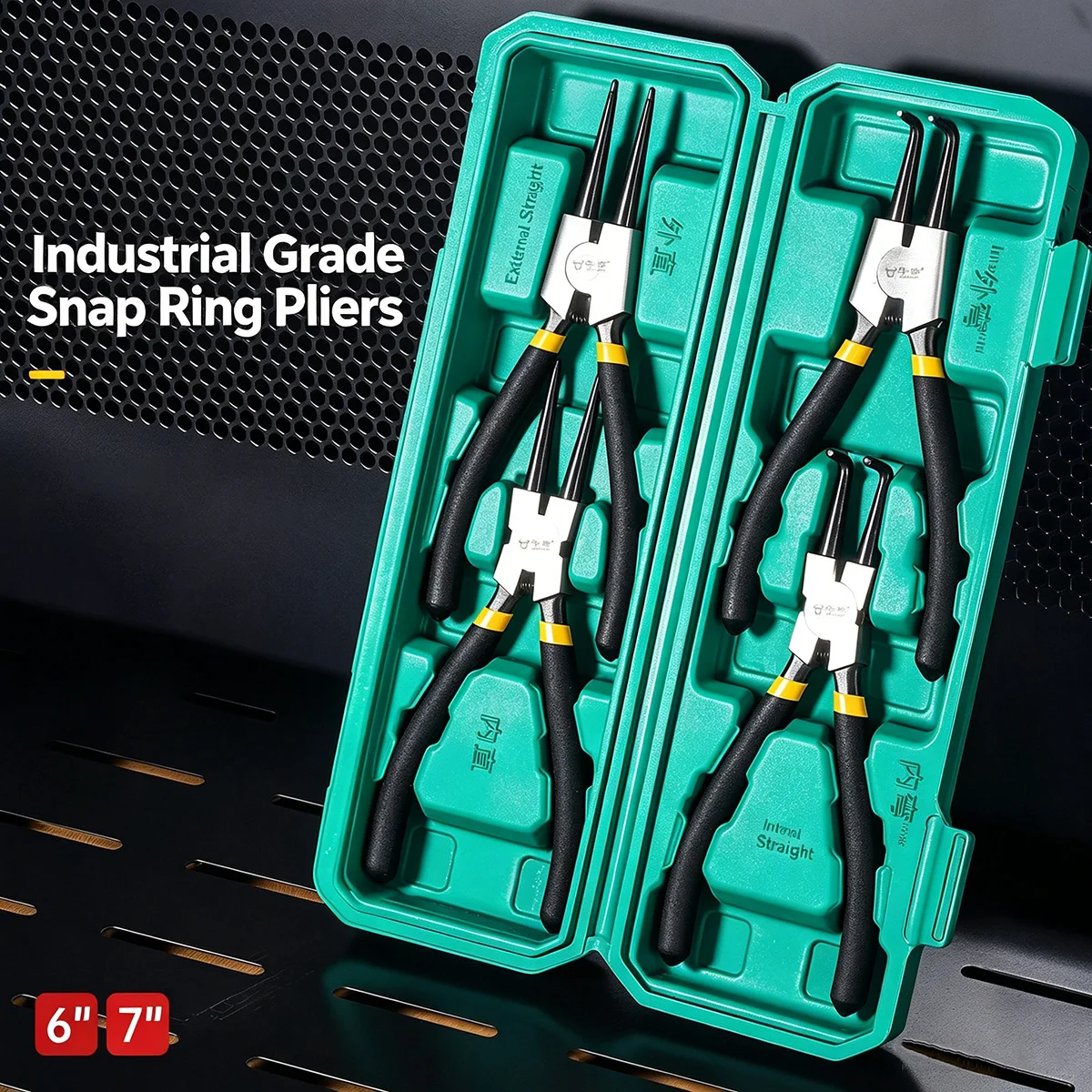 4-teiliges 6/7 Zoll Sicherungsringzangen-Set, Innen- und Außenzangen für Halte- und Schnappringe, Gerade und Gebogene Spitzzangen, Motorrad-Reparaturwerkzeug – Detail 3