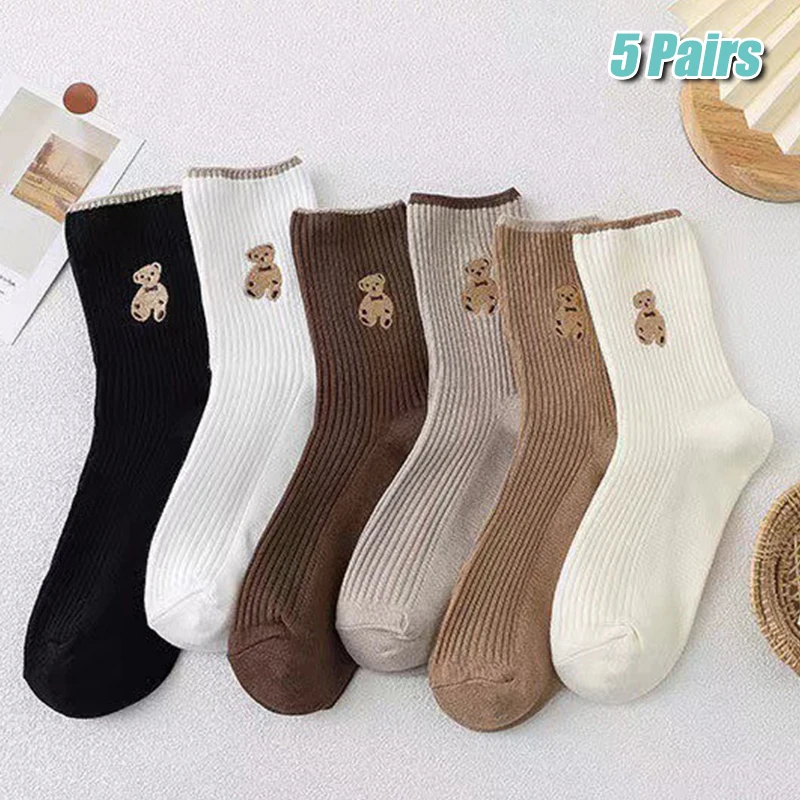 Calcetines de tubo medio para mujer, medias altas de invierno con dibujos de oso, 5 pares