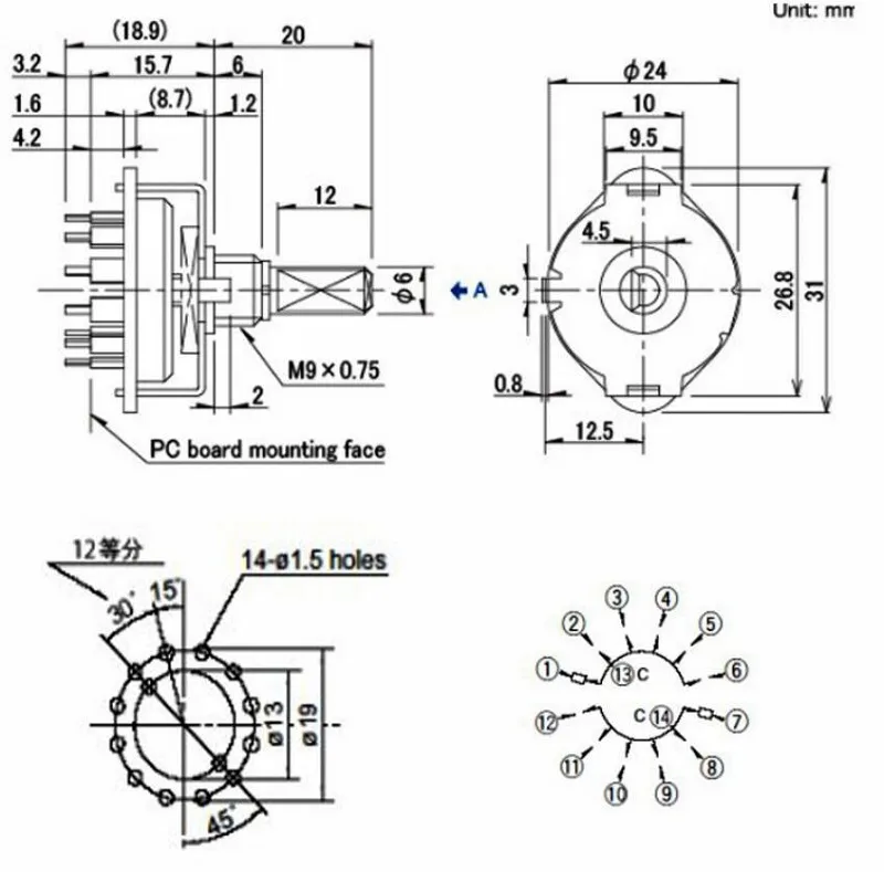 1pc ALPS Rotary Switch SRRM264300 Band Switch 2 Pole 6 Position Amplifier Signal Switch 20mm Half shaft