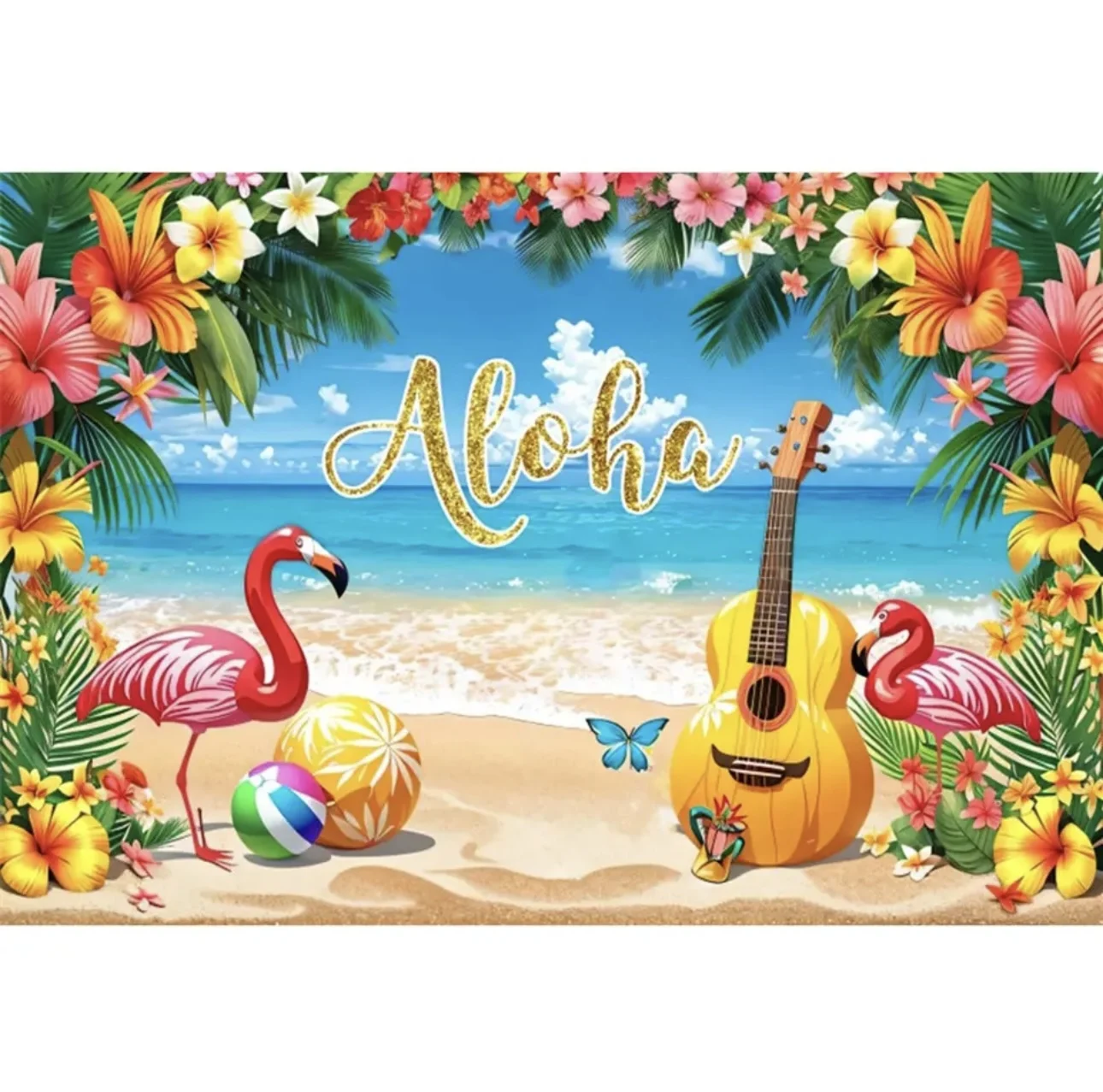 Summer Tropical Beach Hawaiian Backdrop Aloha Luau Seaside Flamingo Ocean Surfboard Holiday PartyBirthday Photography Background