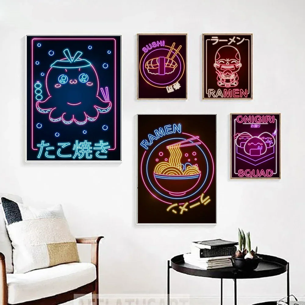 Kawaii Onigiri Poster and Print Octopus Ramen Sushi Circle Sign Neon Canvas Paintng Modern Kitchen Japanese Restaurant Decor