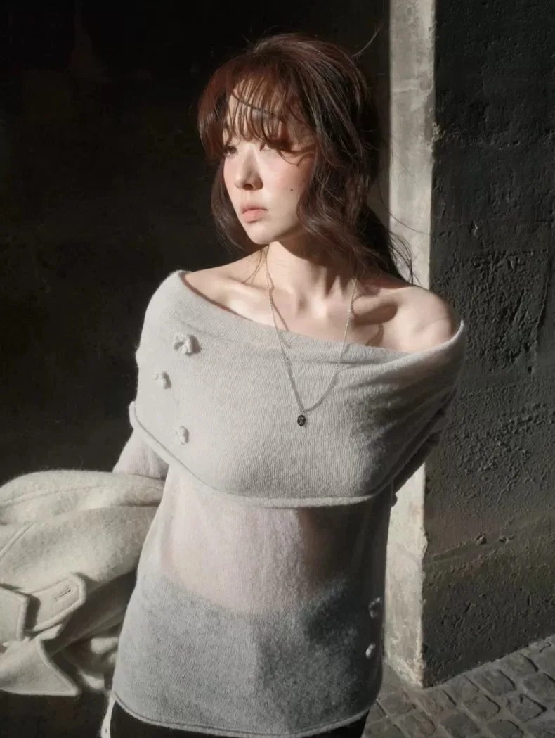 

Зимний женский вязаный свитер на одно плечо с цветочной 3D-вышивкой, облегающий, в стиле Донгдэймун, повседневный, шерстяной, длинный топ