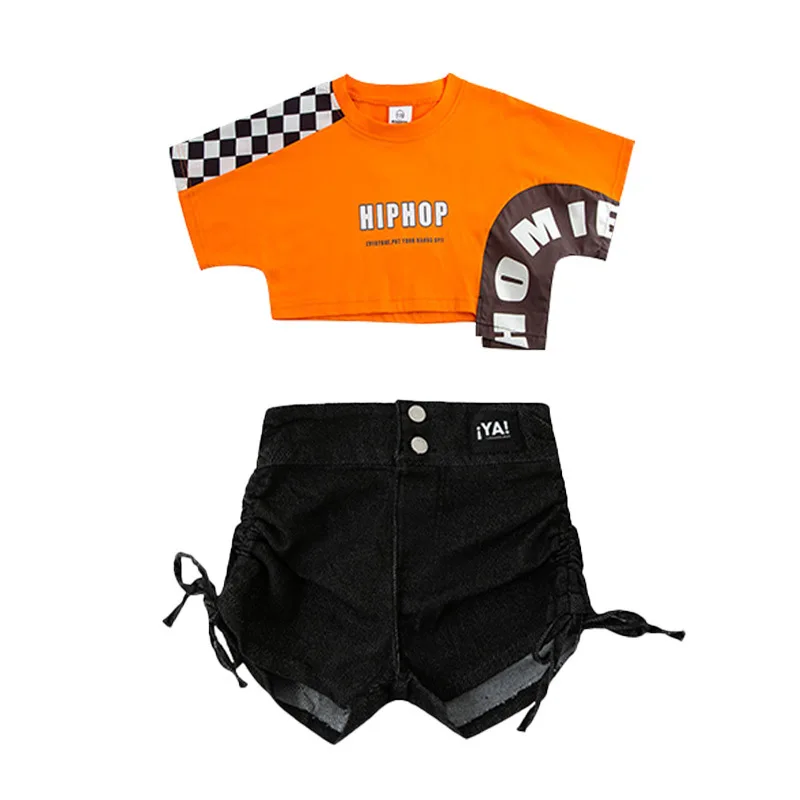 ملابس رقص الجاز للفتيات Kpop البرتقال المحاصيل القمم السراويل الصيف قصيرة الأكمام الهيب هوب ملابس رقص المراهقين أداء وتتسابق