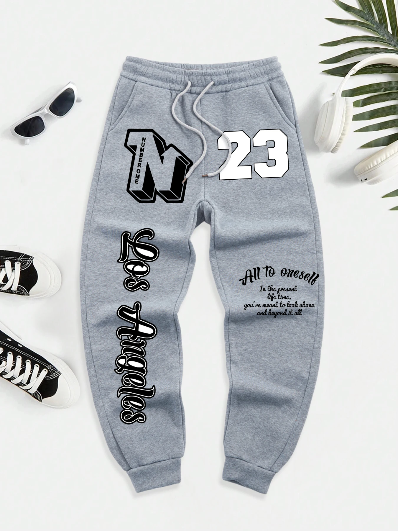 

All To Oneself Number One Prints Casual Men Pant Street Autumn Britches Pocket Fleece Trousers Trendy Elastic Waist Sportpants