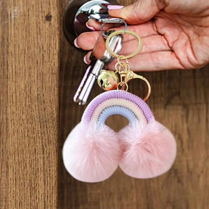 Rainbow Keychain Novelty Boho Purse Charm Pom Pom Keychain Hangable Decoration Boho Key Holder Woven Plush Pendant For Bag