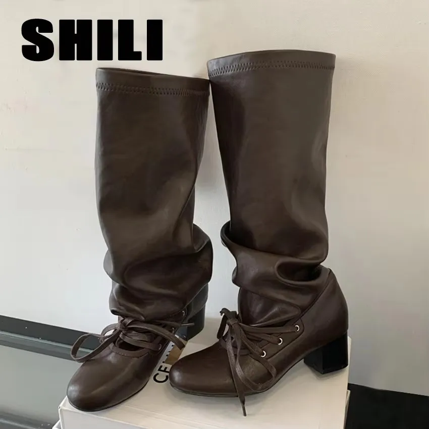Brand Designer Boots for Women Soft Leather Pleated Long Knee-High Boots Block Heel Lace Up  Lady Knight Shoes Botines De Mujer