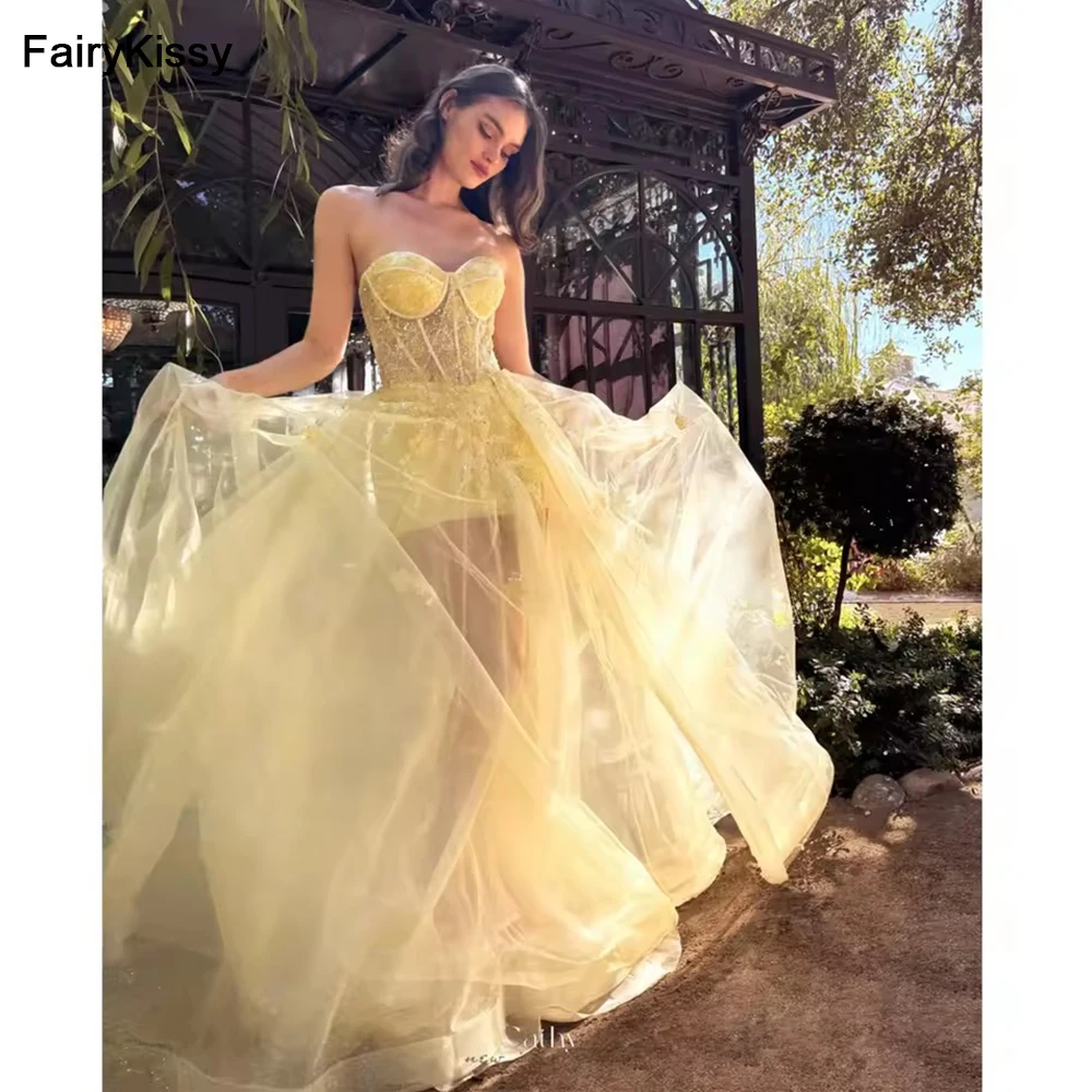 

FairyKissy Yellow Sweetheart Neck Sequins Prom Dress Sexy Illusion vestidos de noiva A-Line Floor Length Evening Dresses