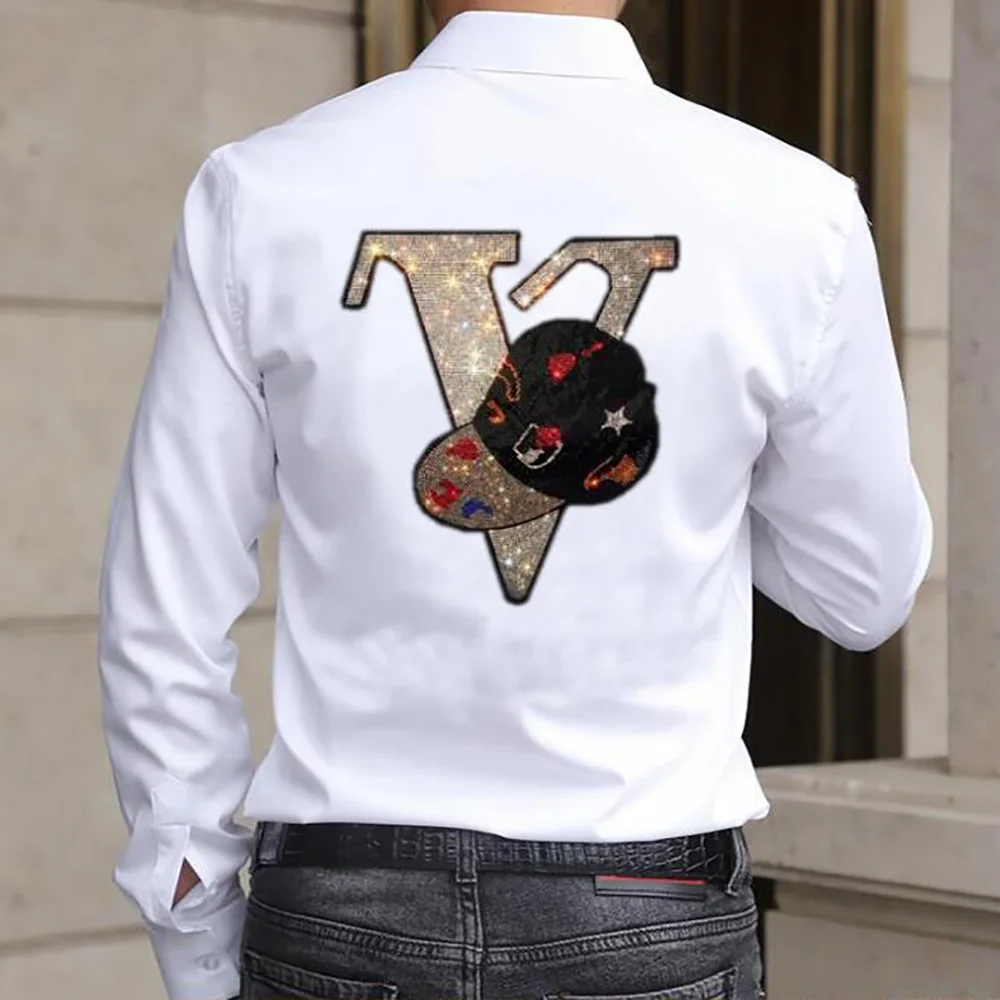 Top Sale Men Rhinestone Shirt Long Sleeve Streetwear Casual Autumn Button Asian Size M-4XL Drop Shipping 090