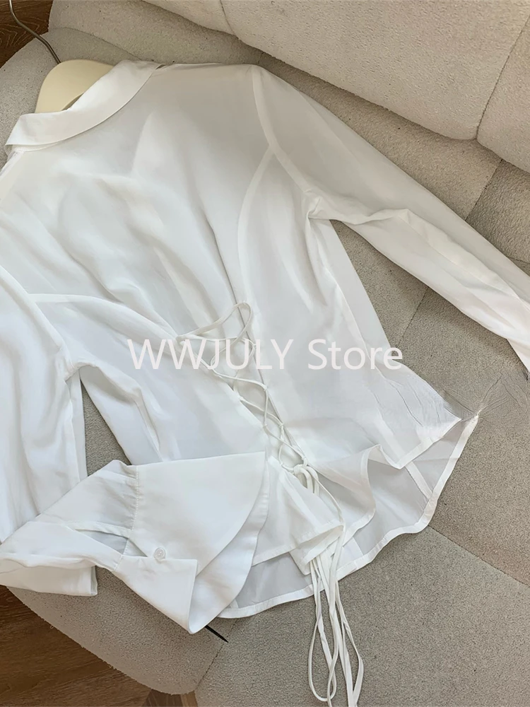 2024 New Women Retro Solid Color Slim Chiffon Shirt Turn-down Collar Flare Sleeve Tunic Bandage Design Female Blouses