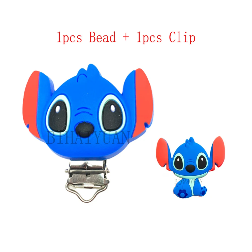 2pcs one set Stitch and Angel Dumbo marie cat Silicone Pacifier clip Molar Bead DIY Pacifier Chain Jewelry Accessories