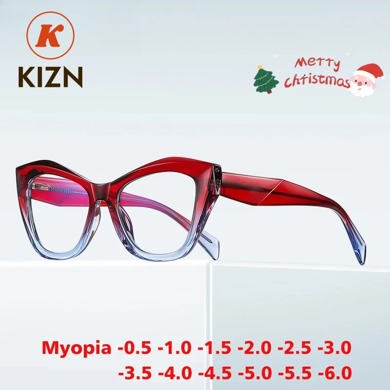 KIZN 패션 고양이 눈 근시 안경 프레임 새로운 변색 여성 안티 블루 라이트 처방 컴퓨터 안경-0.50 ~ -10