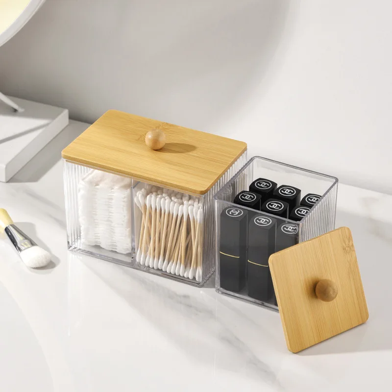 Acrylic Cotton Swab Holder Cotton Swab Dispenser with Bamboo Lids otton Ball Pad Round Swab Holder Clear Apothecary Canister Jar