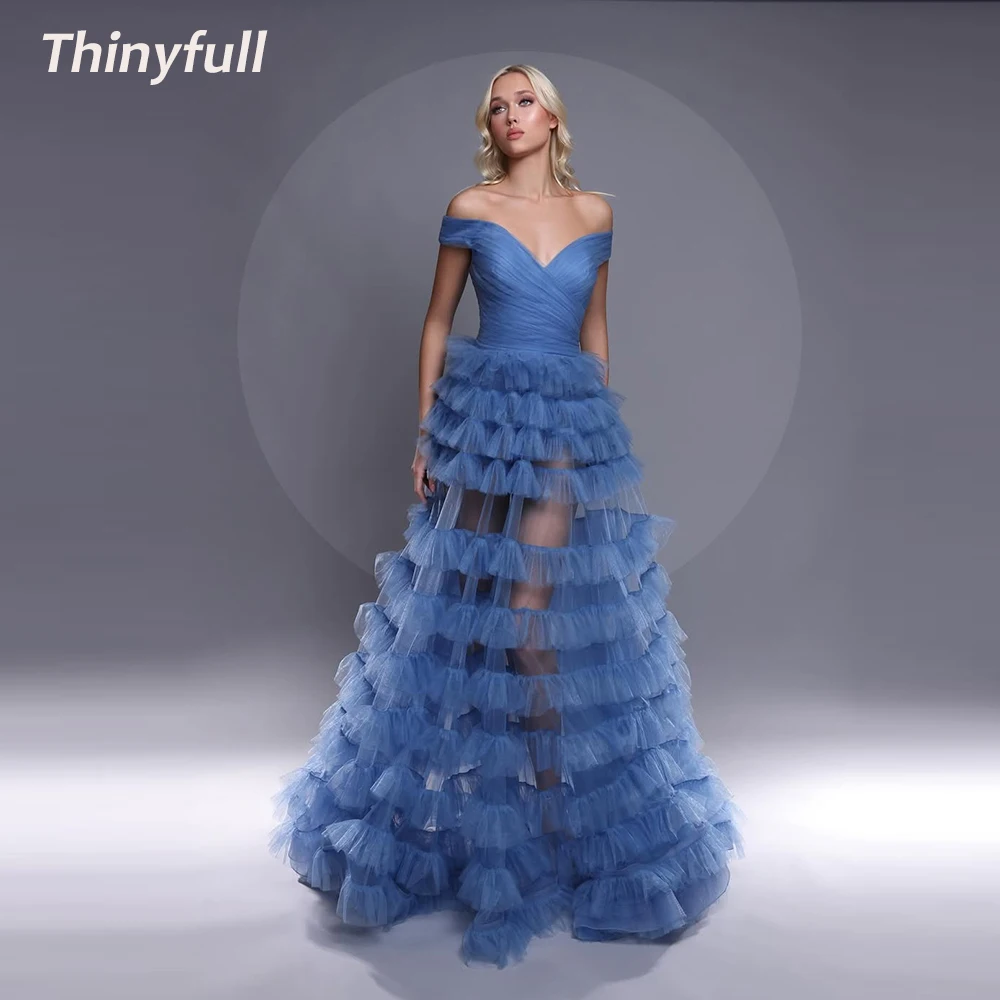 

Thinyfull A-line Off Shoulder Tulle Prom Dresses Sleeveless Tiered Evening Dress Dubai Formal Gown Robe De Soirée Customized