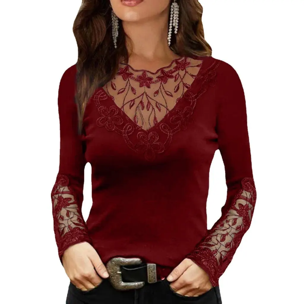 

Women's Slim Long Sleeve T-shirt Sexy Deep V Lace Collar European American Style Spring Autumn New Fashion Top