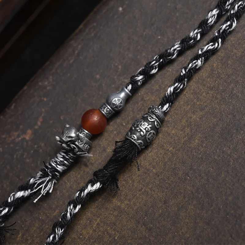 -style ethnic mountain ghost coin pendant necklace, Tibetan silver and red agate accessories, hand-woven rope, versatile