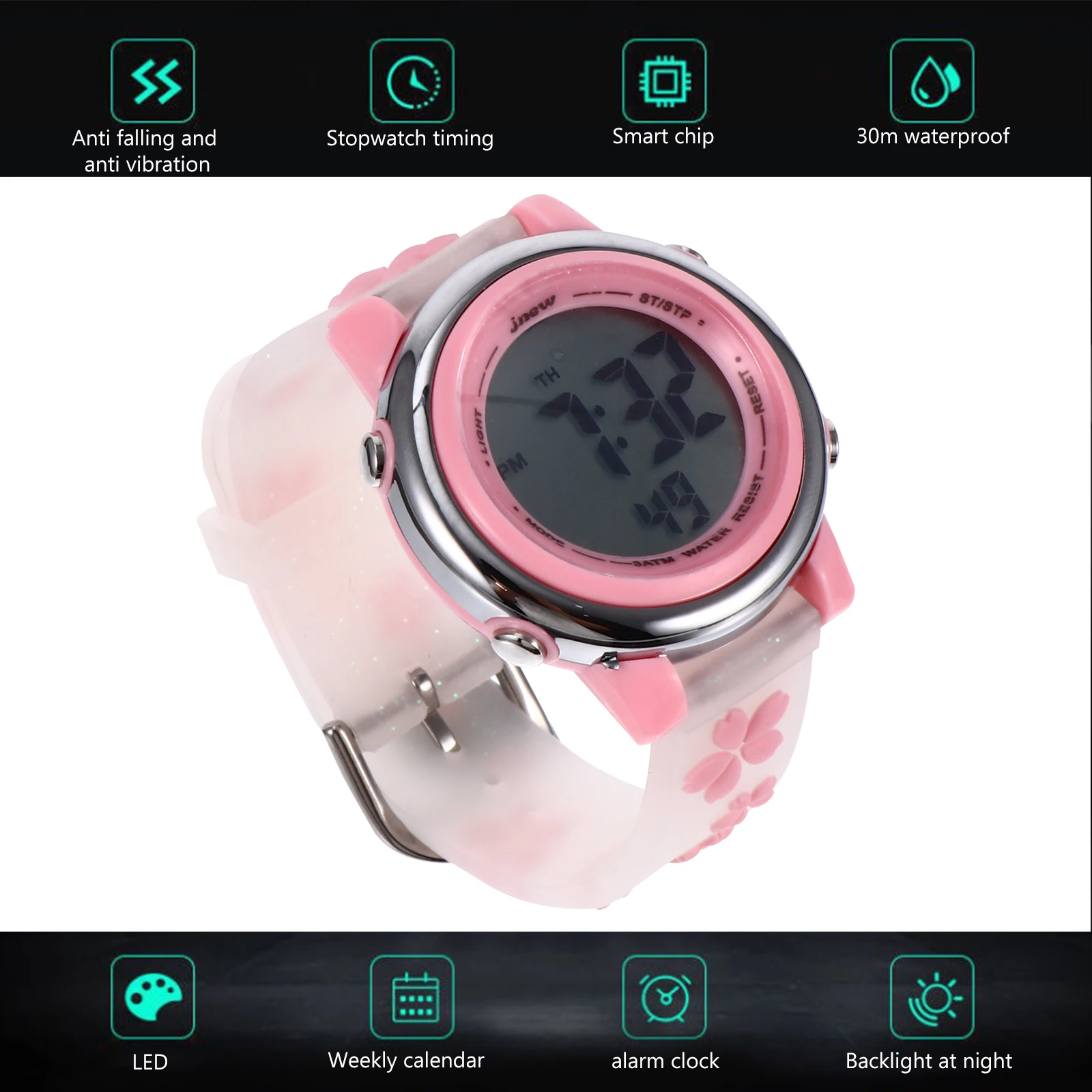 

Children Waterproof Watch Cartoon Number Glass Mirror Kids Wristwatch Flower Pattern Electronic Stainless Steel ABS School