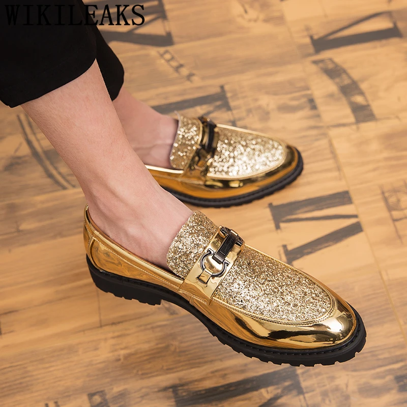 Coiffeur Men Glitter Shoes Italian Brand Gold Party Shoes For Men Brown Dress Wedding Shoes Men Formal Sepatu Slip On Pria Bona