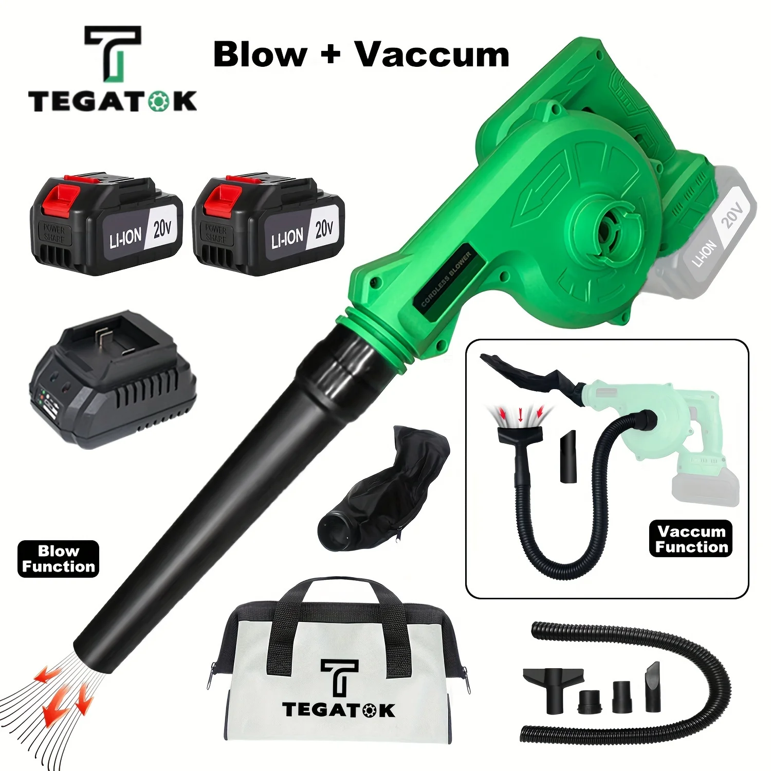 

Tegatok Cordless Leaf Blower and Vacuum, 2 in 1 20V Cordless Leaf Blower with 4.0AH Battery, Fast Charger, 150CFM Lightweight Mi