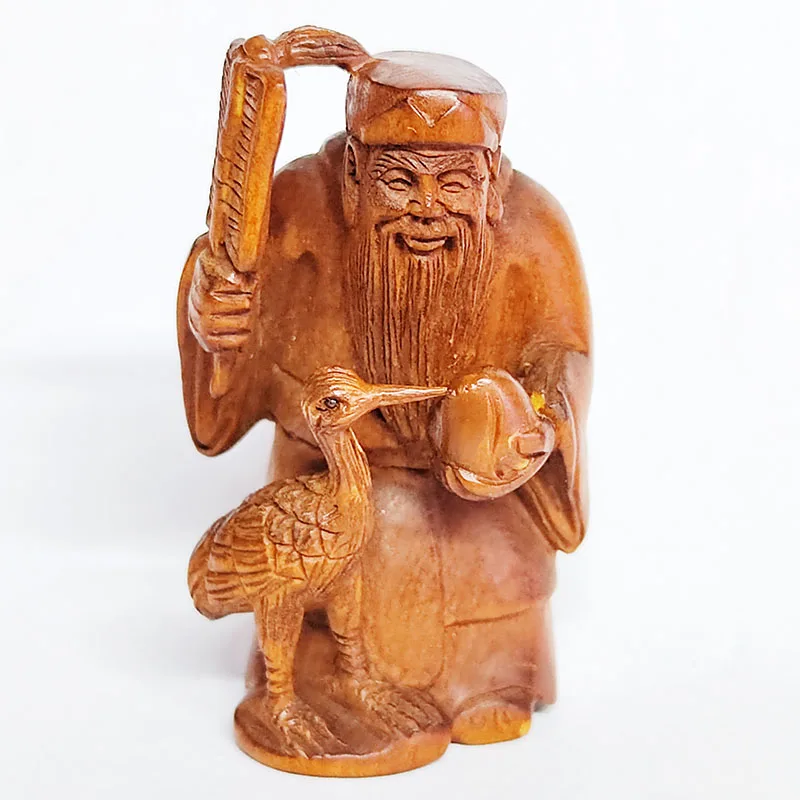 

Y8828 - 2" Hand Carved Boxwood Netsuke - Immortal Elder with Crane and Peach