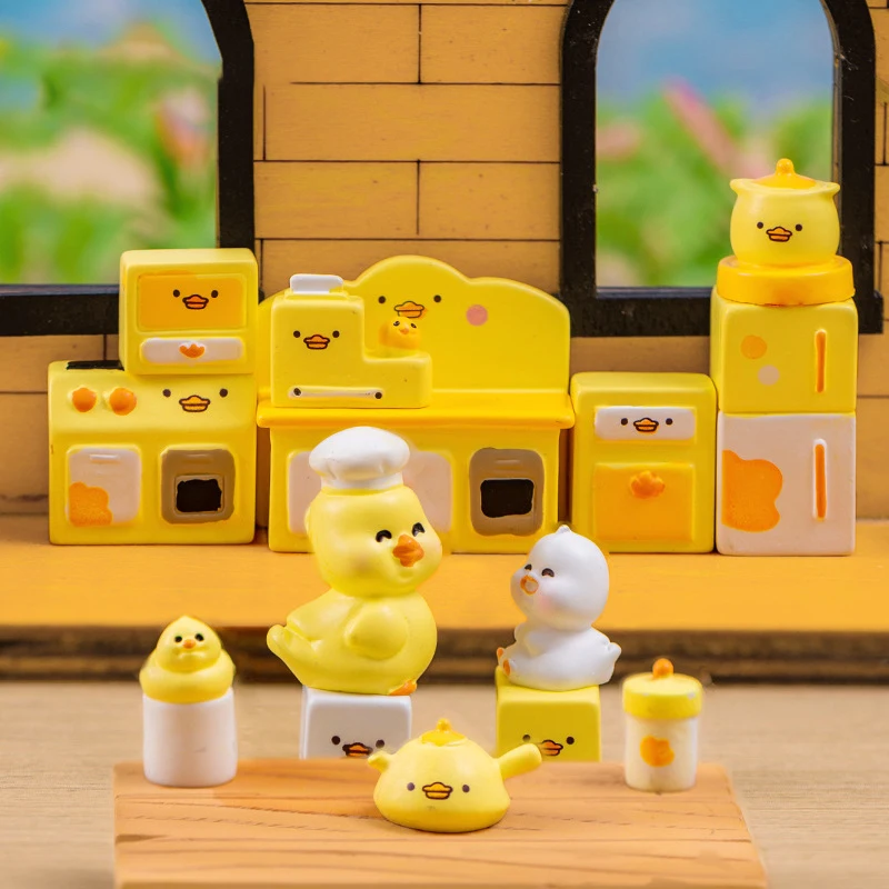 6Pcs Cartoon Kitchen Little Duck Ornament Cabinet Refrigerator Oven Casserole Model Micro Landscape Dollhouse Miniature Toy