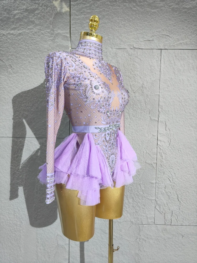 2025 strass scintillants body femmes élastique rose maille volants cristal justaucorps discothèque danseur Costume scène porter tenue de fête