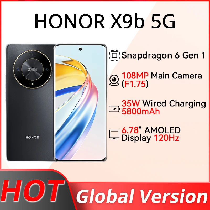 HONOR X9b Versão Global 5G 6,78" Tela Anti-queda 120Hz Câmeras 108MP Bateria 5800mAh Android13 Dual SIM