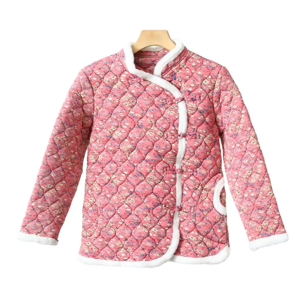 Dames katoenen jas herfst winter bloemenprint dikke warme fleece voering pluche V-hals knoop knoopzak gewatteerde jas