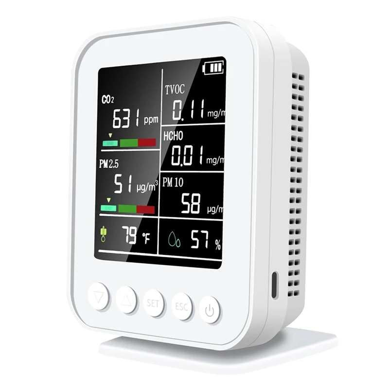 

Smart 7 In 1 Air Quality Monitor With PM2.5, CO2 Detector With Alarm, Temperature & Humidity Sensors, LED Display