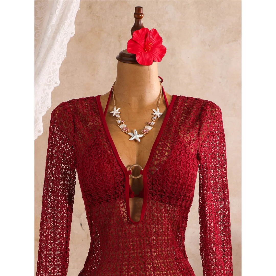 Mit langen Ärmeln, als Überwurf, Neckholder-Bikini, Damen-Badebekleidung, dreiteiliges Bikini-Set, Badeanzug, Badebekleidung, Schwimmbekleidung V8423 – Detail 15