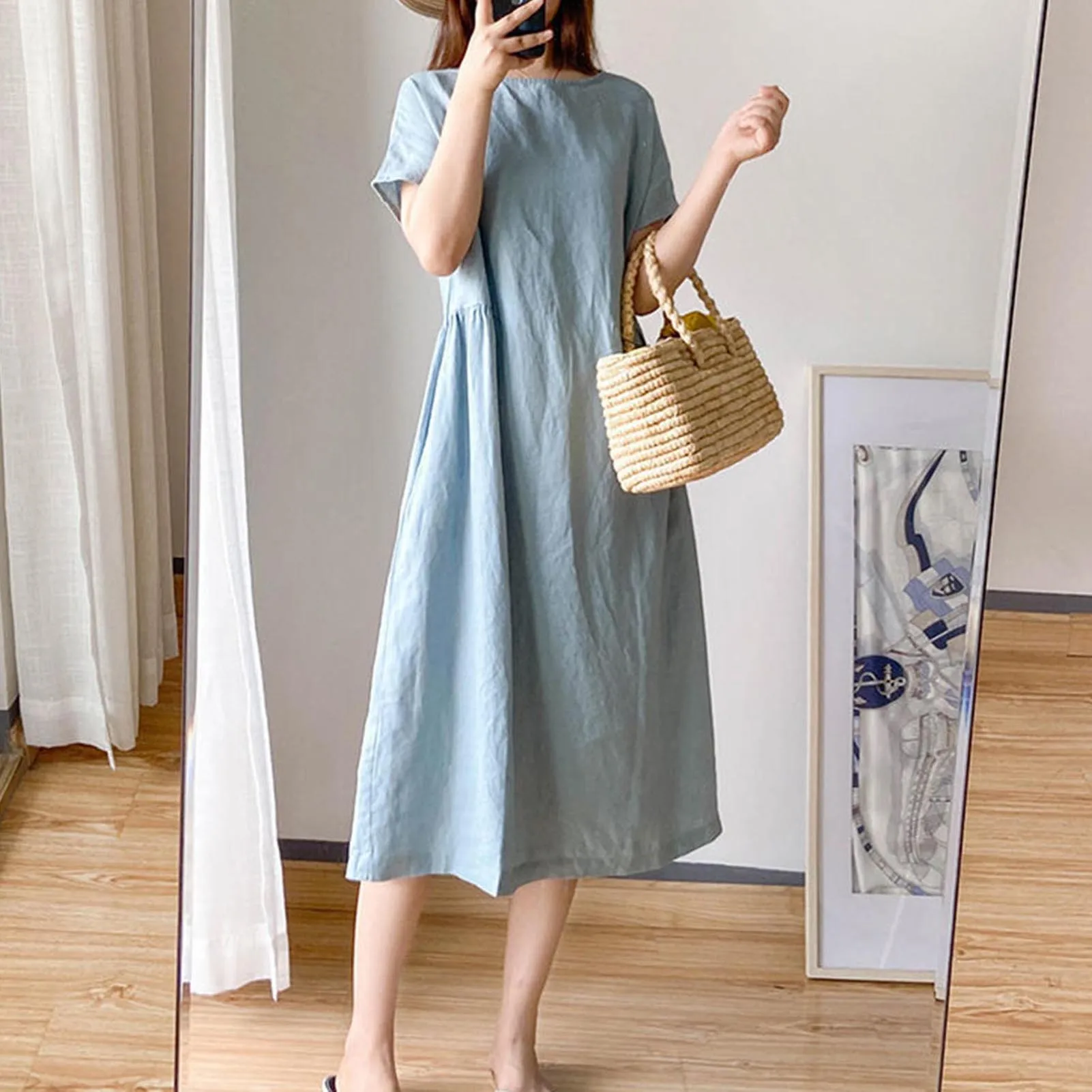 Vintage Loose Dress Trendy Short-sleeved Dress Skin-friendly and Fine Workmanship Dress for Women Holiday Outdoor Wear