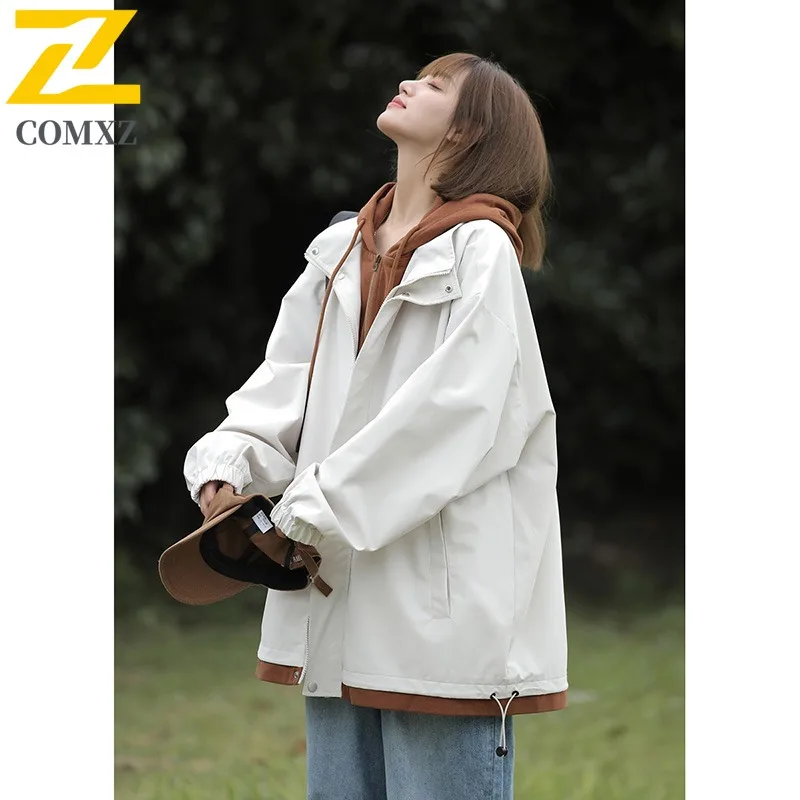 

COMXZ 2025 Mens Womens Fake Two Piece Hooded Jacket Couple Casual Coat