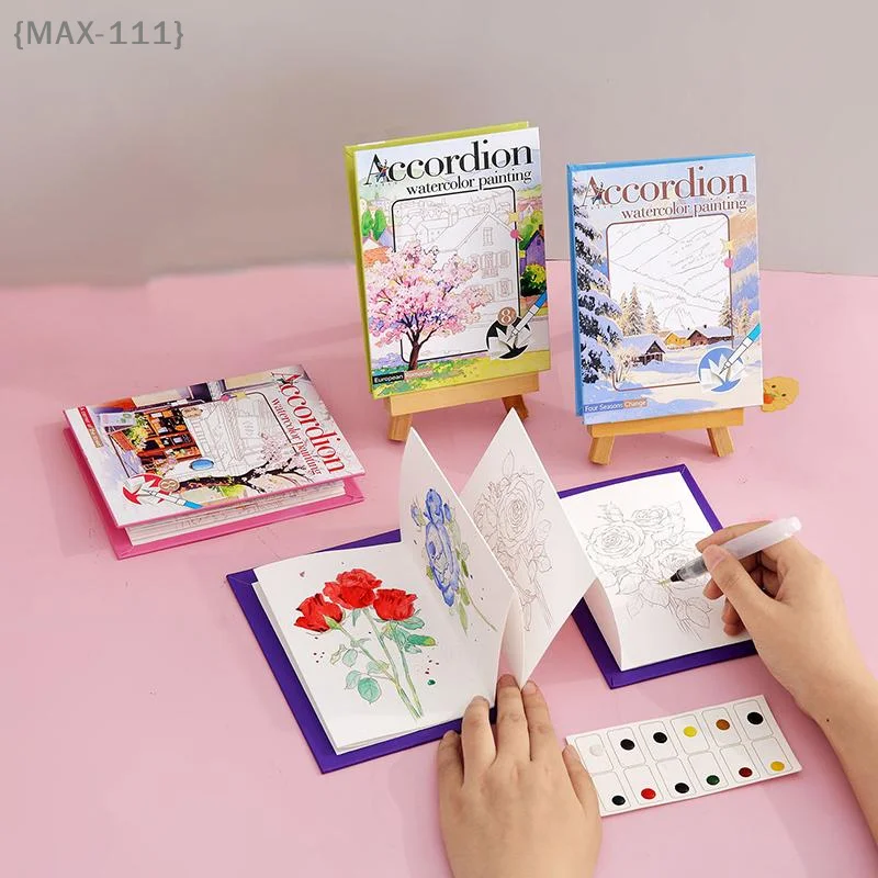【MAX111-M3】Portable Foldable Watercolor Painting Book - Graffiti Drawing Coloring Book Kit with Built-in Paint Holiday Birthday
