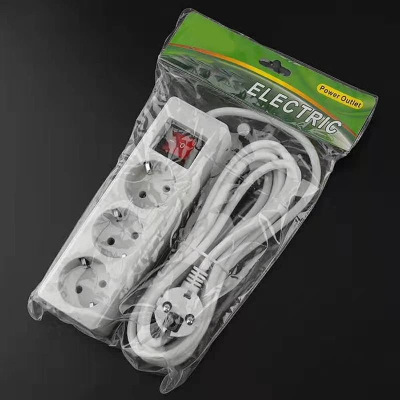 EU Home Standard German Type Power Strip 3/ Sockets in Row Flat Adapter Light Switch with Surge Protector Extension Cable