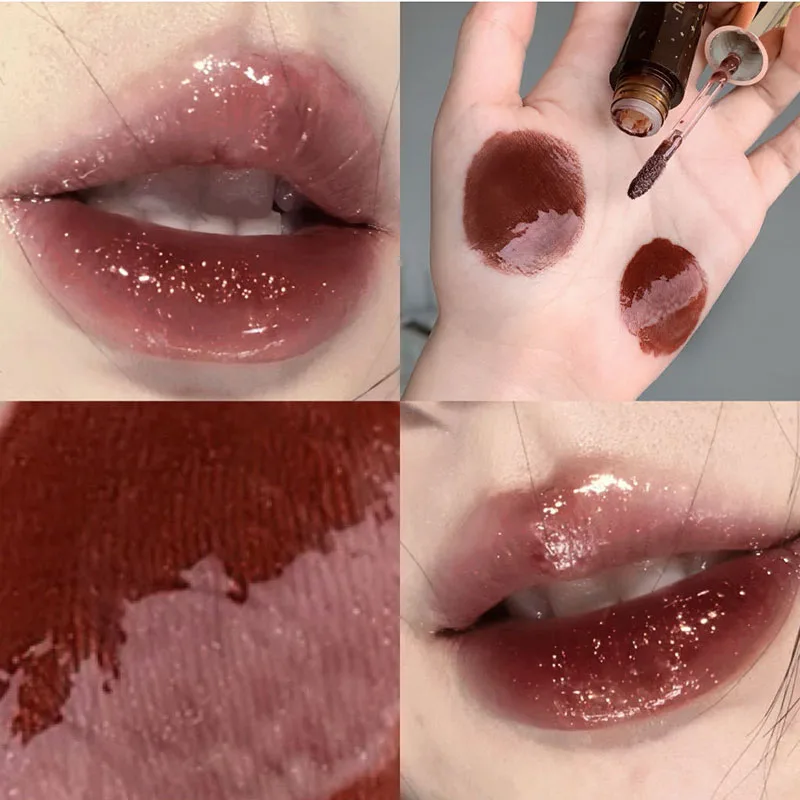 Retro Clear Lip Glaze Gloss Mirror Glitter Non Stick Cup Brighten Jelly Dark Lipstick Red Brown Dupes Lip Ink Tint Korean Makeup
