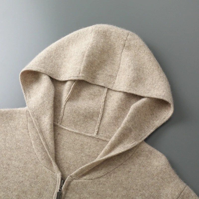 Autumn Winter New 100% Merino Wool Men\'s Zipper Hooded Coat Thick Sweater Warm Long Sleeved Knitted Cardigan men\'s coat