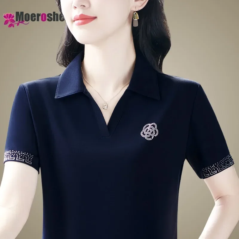 Summer Women's Short Sleeve Polo Shirt T-shirt Elegant Woman Tops V Neck Tee Top Ladies Clothes Golf Wear Stylish stand collar