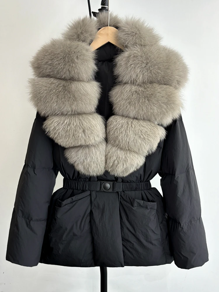 Lagabogy 2025 Large Real Fox Fur Winter Belt Waist-Tight Elegant Warm 90% White Duck Down Jacket Female V-neck Loose Puffer Coat