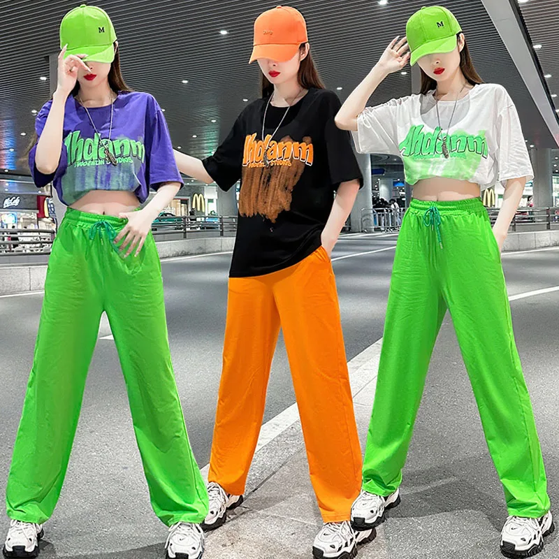 

Летний свободный комплект одежды для танцев с прямыми штанинами, комплект квадратной танцевальной моды, широкие брюки, хлопковая повседневная спортивная одежда, женский ансамбль