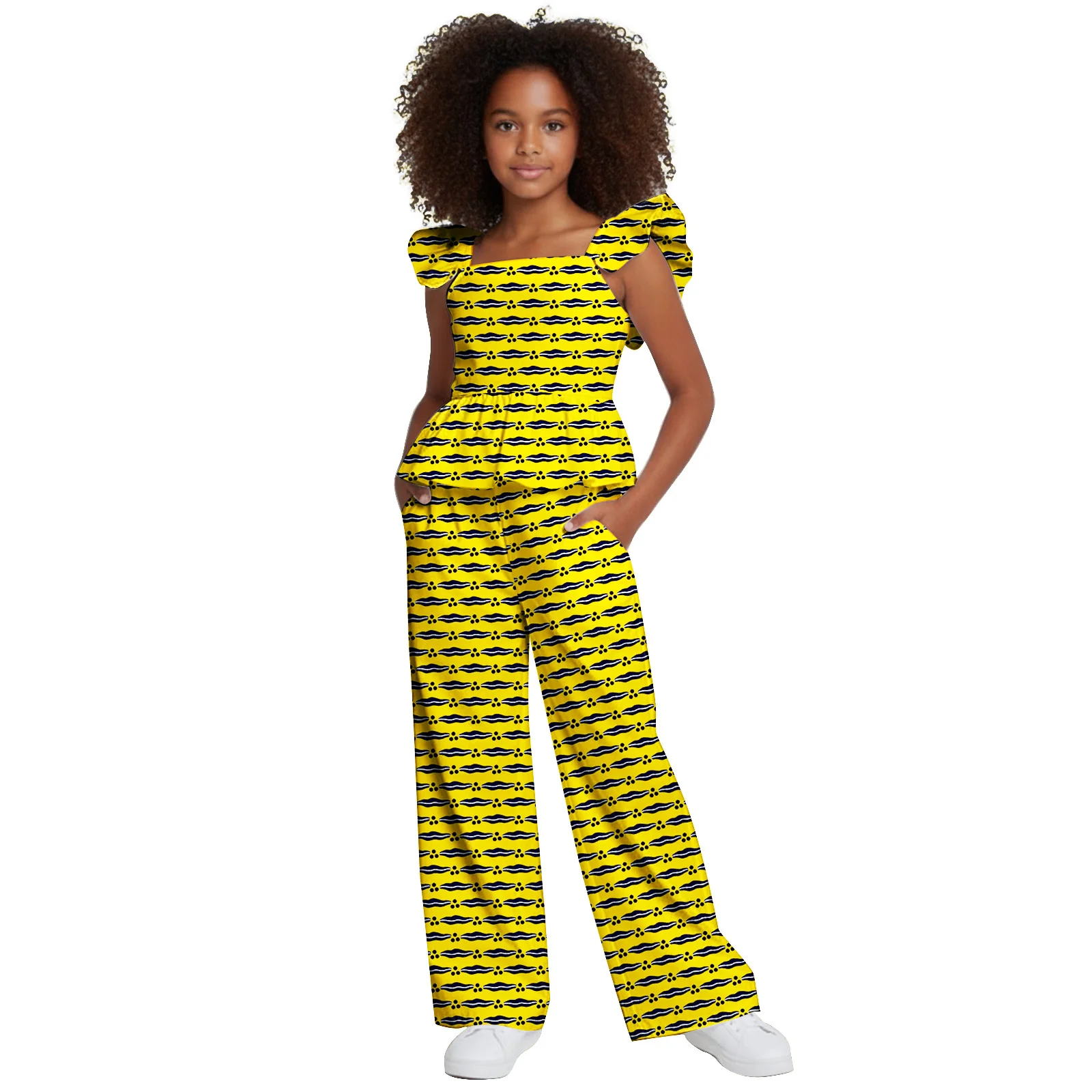 

Комплект из 2 предметов для девочек с африканским принтом Кенте – топ с рюшами и баской, широкие брюки, наряд в стиле дашики, культурная одежда