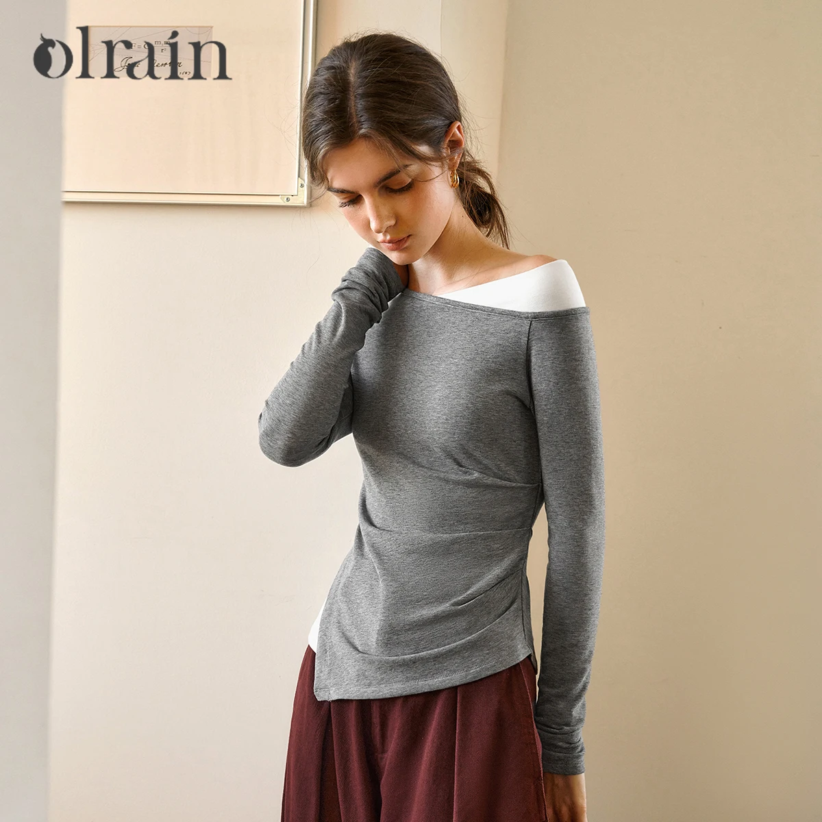 

OLrain, осенние искусственные футболки из двух предметов для женщин, футболки с асимметричным воротником, футболка с длинными рукавами, женские топы O57QT96811