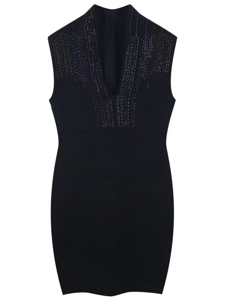 Mini robe d'été pour femmes, diamants, Sexy, décolleté en v profond, sans manches, élégante, taille haute, robe de soirée, vêtements pour femmes