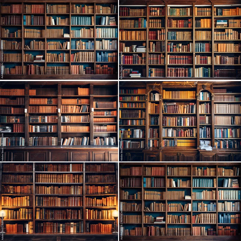 

Wooden Bookshelves With Books Photography Backdrops Classic School Library Room Live Vintage Cabinet Photo Background SJ-01