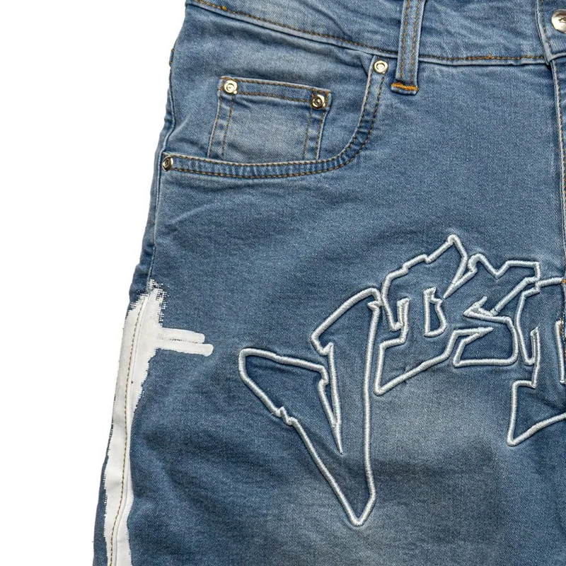 Männer Vintage Trend bestickte bedruckte Jeans Punk Original Hip Hop Street Multi-Pocket-Shorts lose lässige Hose mit geradem Bein