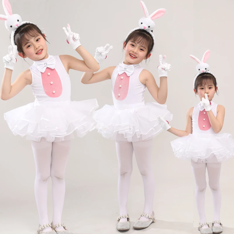 

Очаровательный костюм для выступления маленького белого кролика, платье для девочек на выступление, детское балетное платье, танцевальный костюм