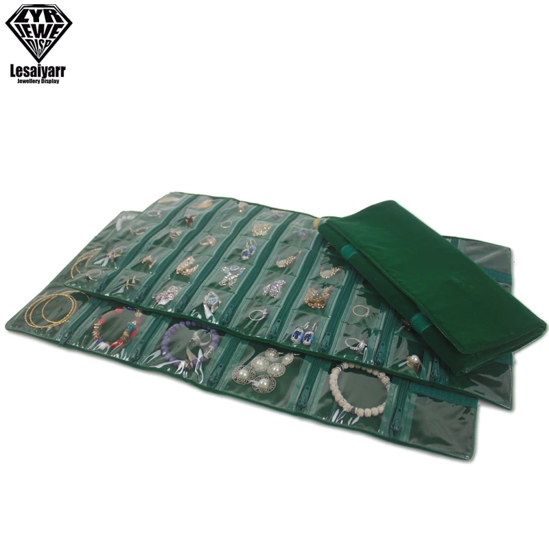 Dark Green Velvet Travel Jewelry Case Roll Bag Organizer for Necklace Bracelet Earrings Ring, PVC Pockets