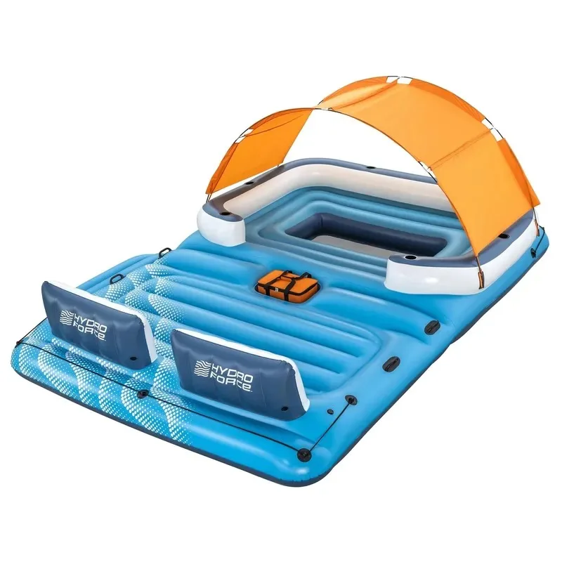 6-8 Person PVC Inflatable Floating Island Pool Raft 3.89x2.74m with Sunshade and Ice Bucket