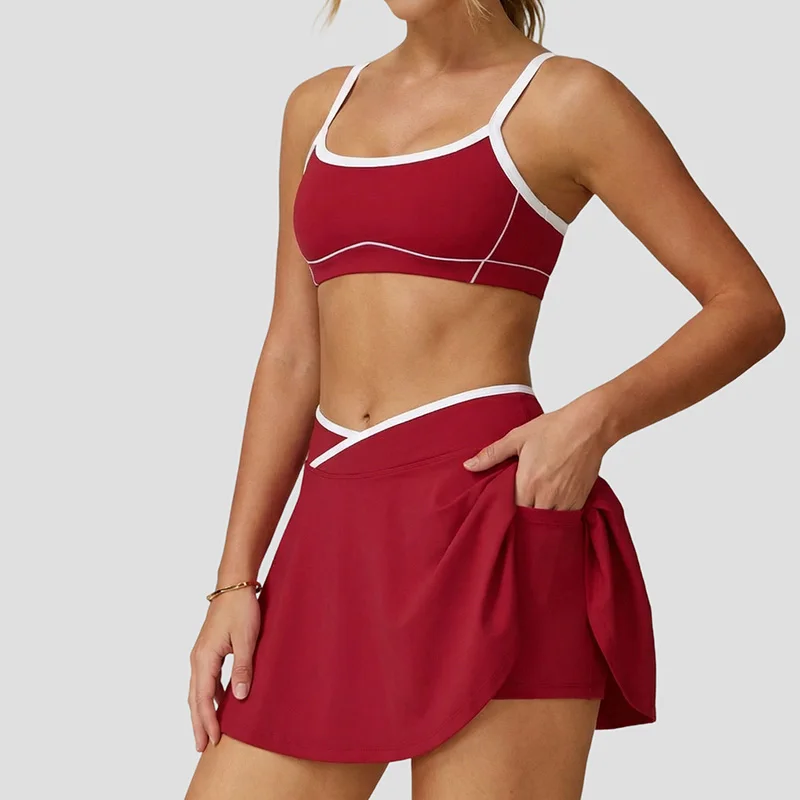 

Профессиональный тренировочный женский теннисный костюм с антибактериальным и влагопоглощающим топом + антибликовая короткая юбка