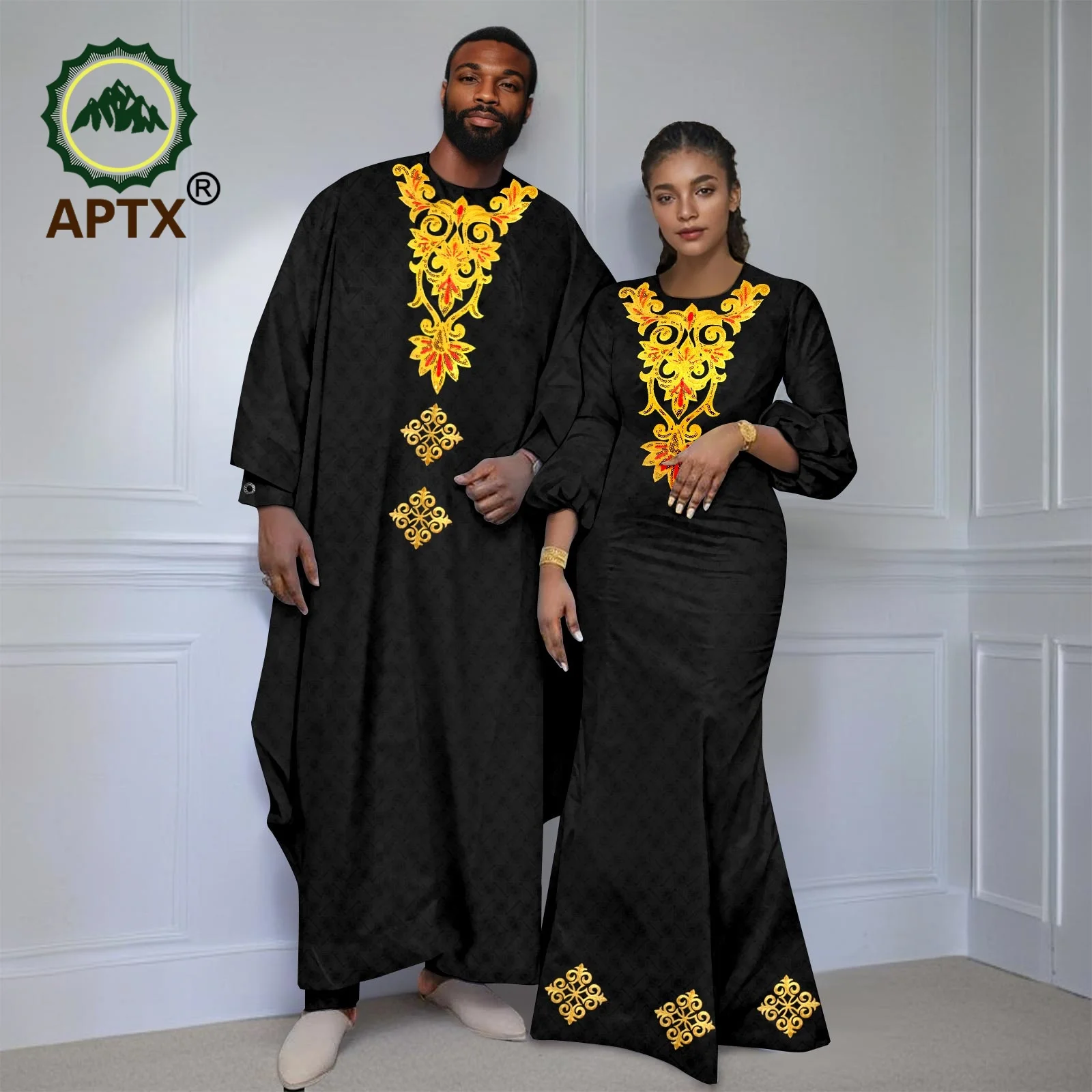 

African Couple Suits Gilded lace Matching Robe For Men Set Women Dress Agbada Clothes Wedding Evening Daily Wear